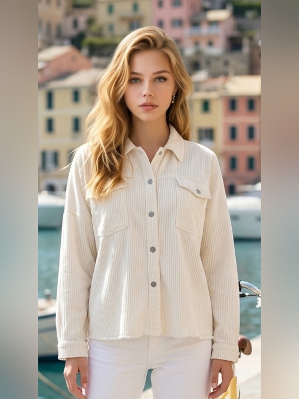 Zara Cream Ribbed Button-Down Shirt Corduroy Jacket